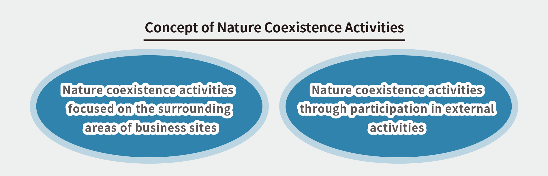 Concept of Nature Coexistence Activities...　Nature coexistence activities focused on the surrounding areas of business sites . Nature coexistence activities through participation in external activities.