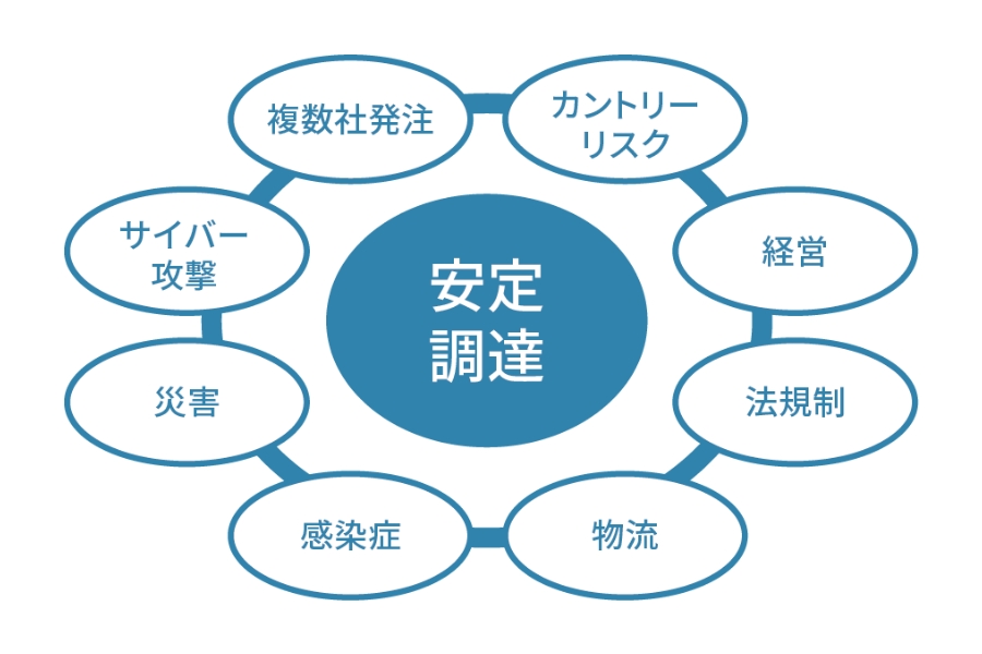 安定調達　複数社発注、カントリーリスク、経営、法規制、物流、感染症、災害、サイバー攻撃