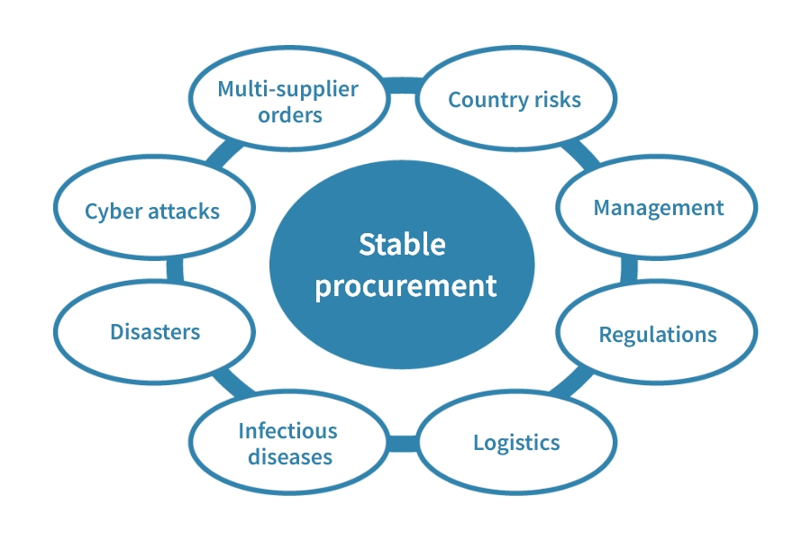 Stable procurement, Country risks, Management, Regulations, Logistics, Infectious diseases, Disasters, Cyber attacks, Multi-supplier orders